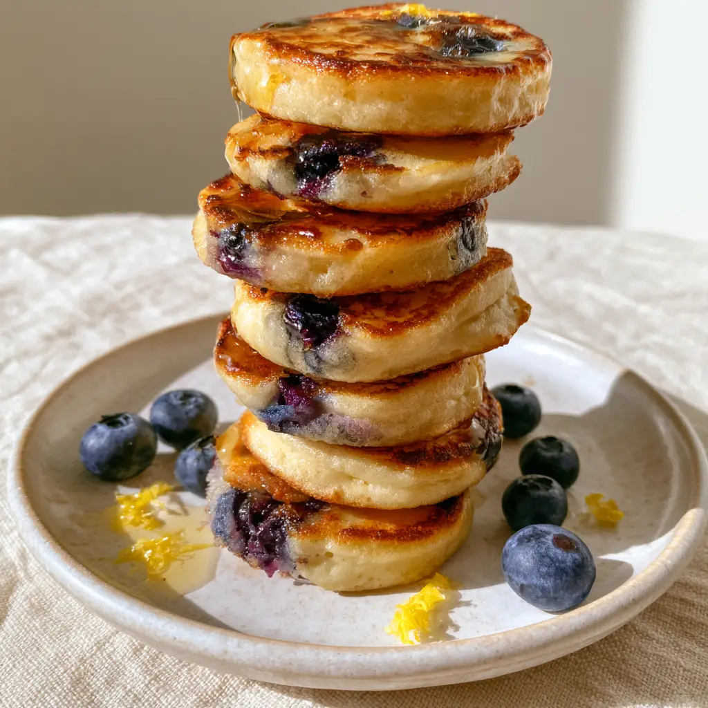 A stack of mini pancake bites drizzled with shimmering amber maple syrup and garnished with lemon zest.