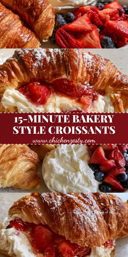 A close-up vertical shot of a golden Berries and Cream Filled Croissants overflowing with white mascarpone cream and glazed strawberries.