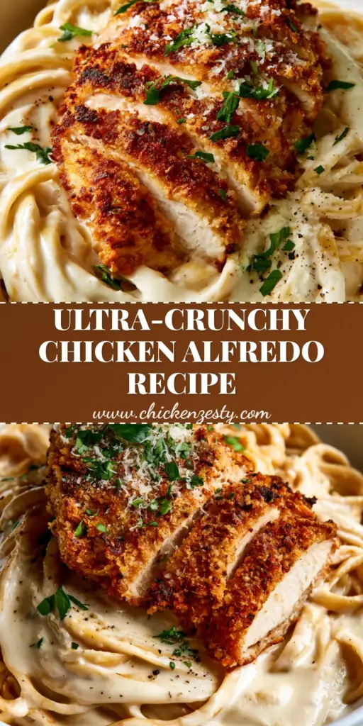 A close-up of Crispy Chicken Fettuccine Alfredo featuring sliced golden-brown chicken and swirled pasta in creamy sauce.
