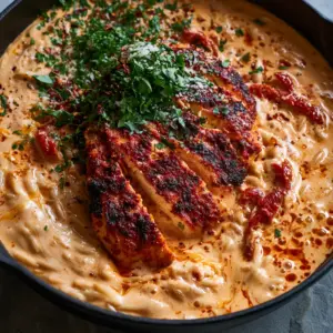 Top-down shot of Cajun Chicken Alfredo Orzo in a matte black skillet with glossy sauce and fresh parsley. (Cajun Chicken Alfredo Orzo)