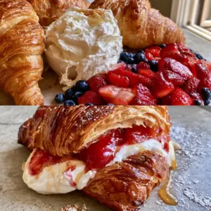 Split screen view showing deconstructed ingredients and a finished handheld Berries and Cream Filled Croissants.