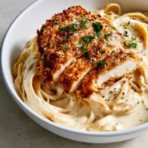 Low-angle shot of swirled fettuccine with thick velvety alfredo sauce and crunchy panko-breaded chicken. (Crispy Chicken Fettuccine Alfredo)