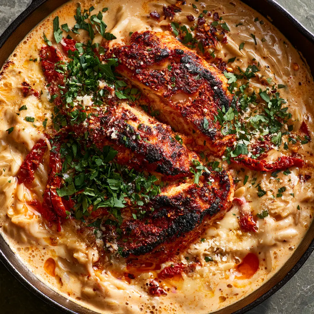 Juicy blackened chicken slices resting on a bed of creamy Alfredo orzo with sun-dried tomatoes.