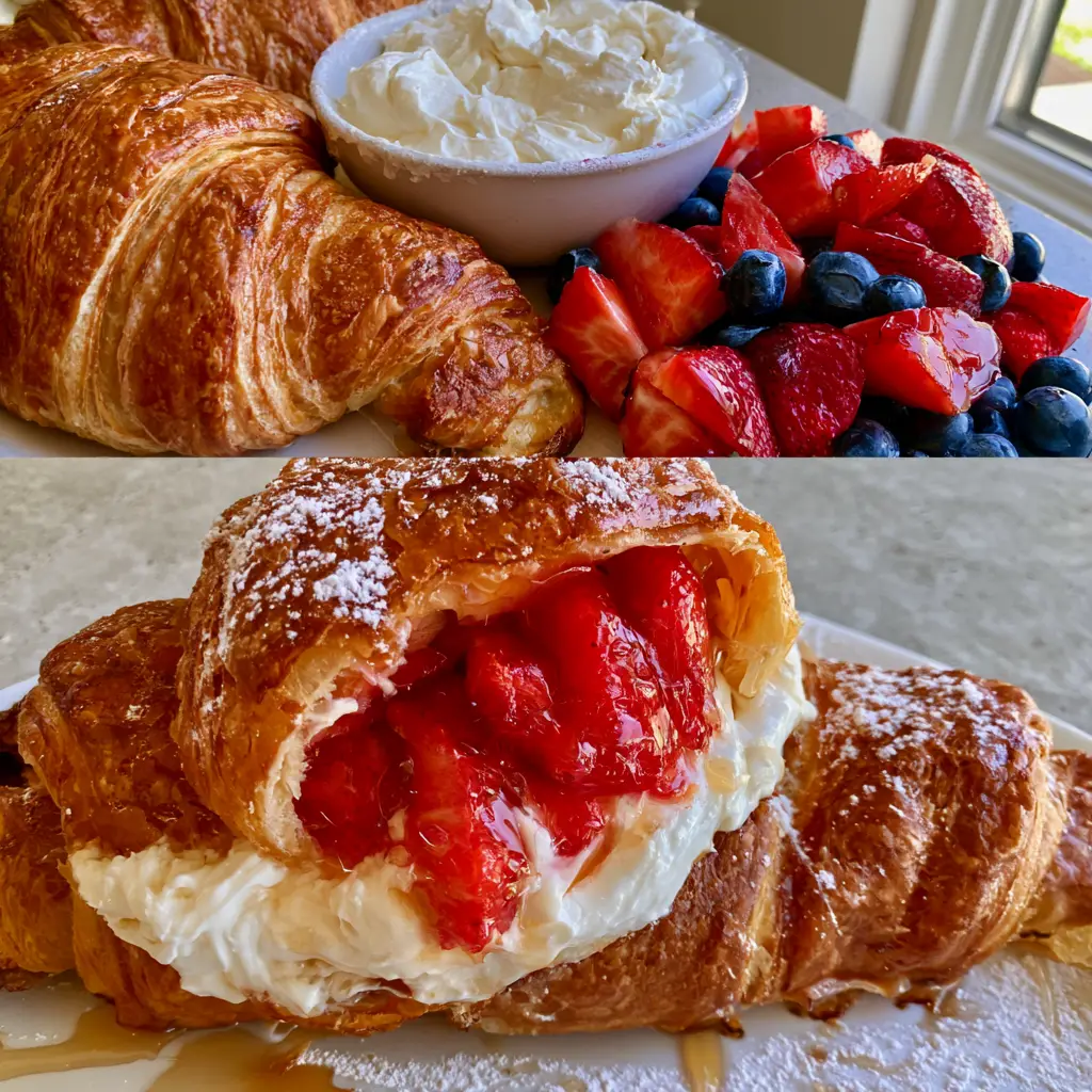 Close up view of shattering flaky layers of a croissant filled with velvety cream and fresh berries.