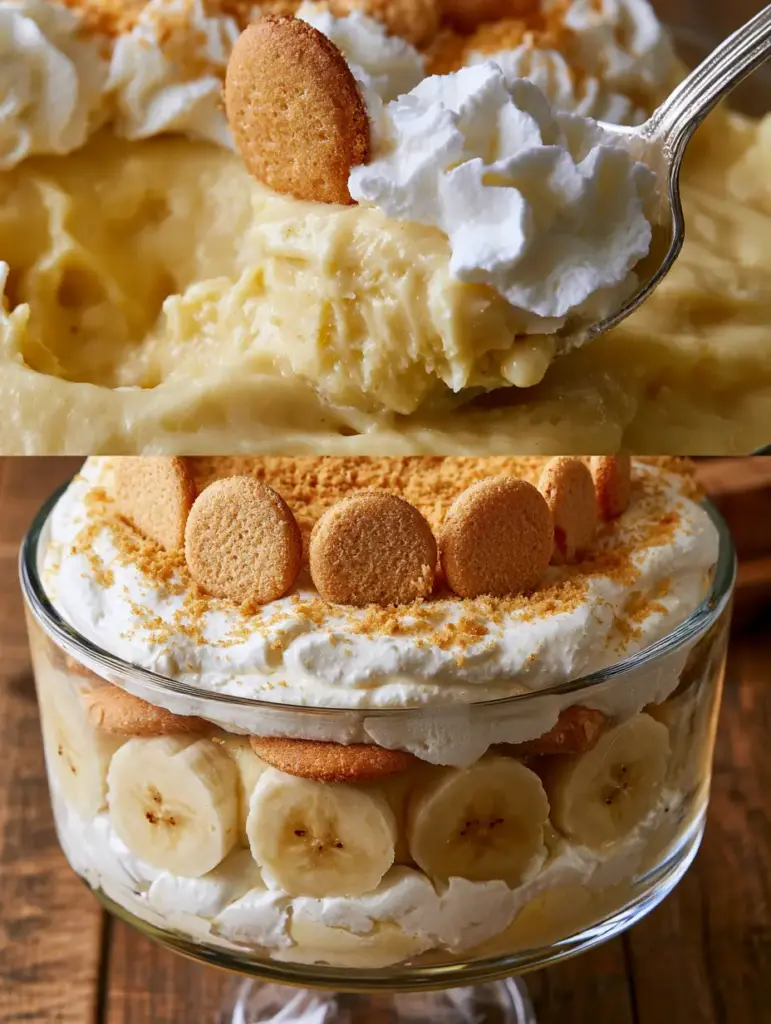 Classic Banana Pudding: The Ultimate Southern Layered Dessert 2 Split-screen view of Classic Banana Pudding: a macro spoon scoop and a side profile of the trifle layers.