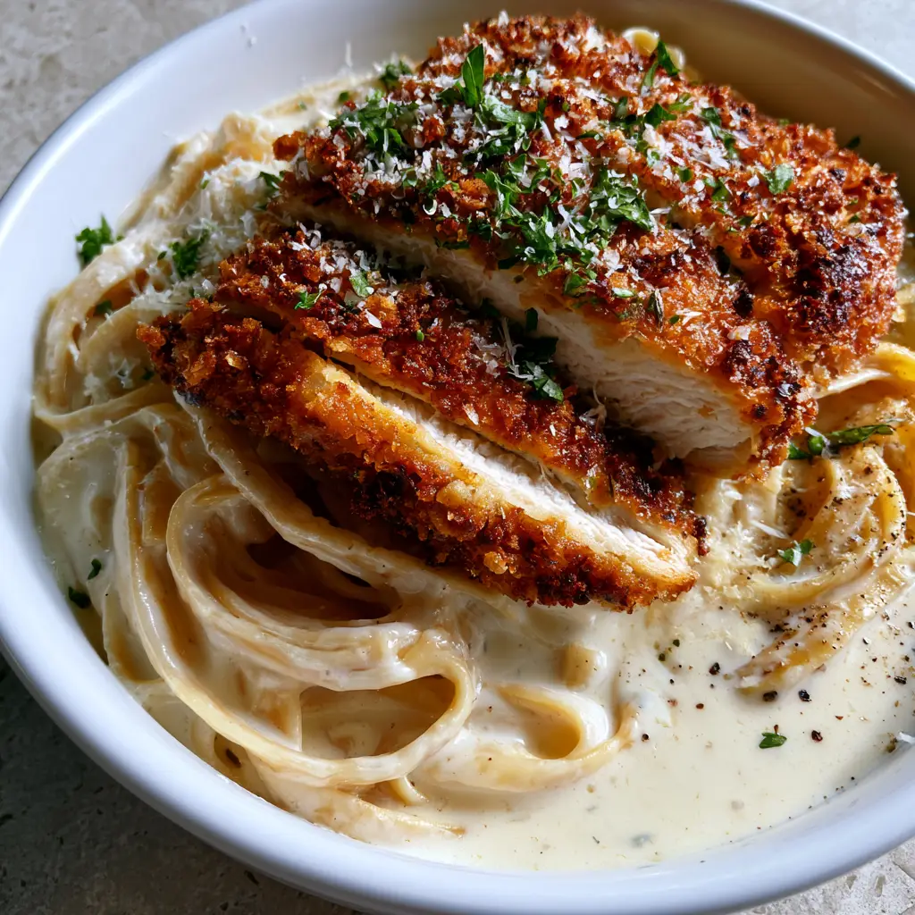 Slices of juicy white meat chicken with exceptionally craggy breading on a bed of pasta. (Crispy Chicken Fettuccine Alfredo)