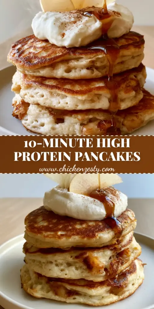 A towering stack of three Apple Yogurt Pancakes with a thick Greek yogurt dollop, fanned apple slices, and glistening maple syrup on a white plate.
