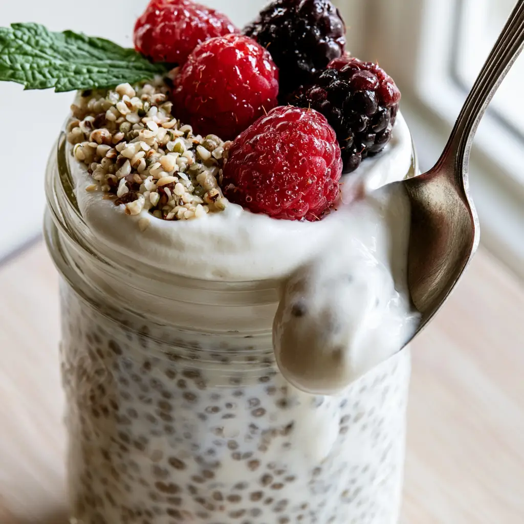 A silver spoon pulling up a thick dollop of vanilla chia pudding topped with a fresh raspberry.