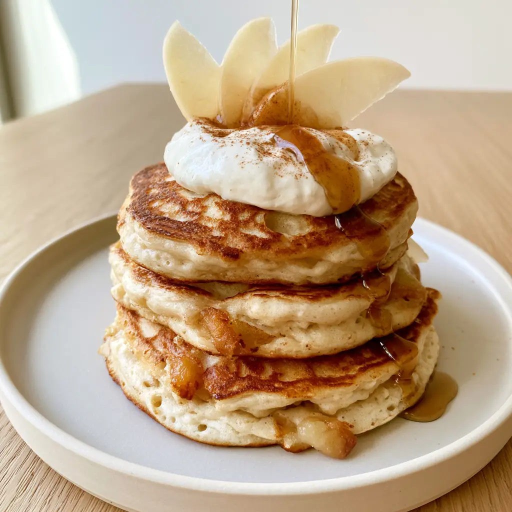 Side view of Apple Yogurt Pancakes at a 45-degree angle with steam rising and dark amber syrup drizzle.