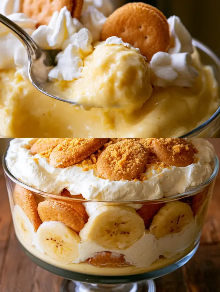Classic Banana Pudding: The Ultimate Southern Layered Dessert 1 Close-up of golden-brown vanilla wafers and freckled banana slices inside a Classic Banana Pudding.