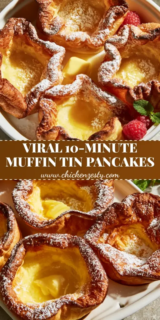 Mini German Pancakes: The Ultimate Fluffy Muffin Tin Dutch Babies 4 A vertical shot of a white ceramic muffin tin filled with individual Mini German pancakes, showing dramatic ruffled edges and powdered sugar dusting.