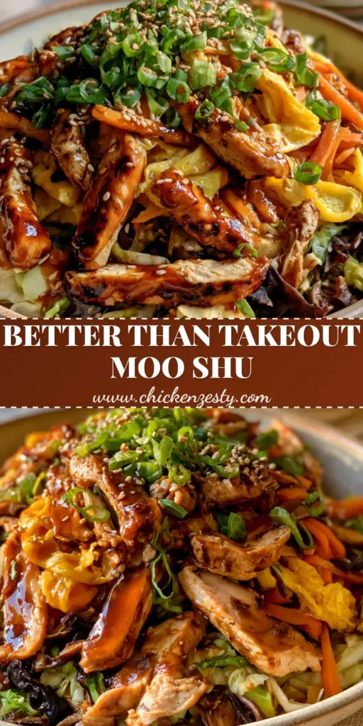 A close-up vertical shot of glossy Moo Shu Chicken stir-fry featuring seared chicken, egg ribbons, and wood ear mushrooms.