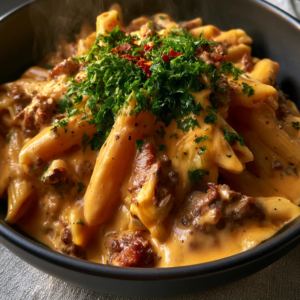 Creamy Beef Pasta with Glowing Sharp Cheddar Sauce 2 Close up handheld smartphone photo of Creamy Beef Pasta with thick velvety cheddar sauce and fresh parsley garnish.