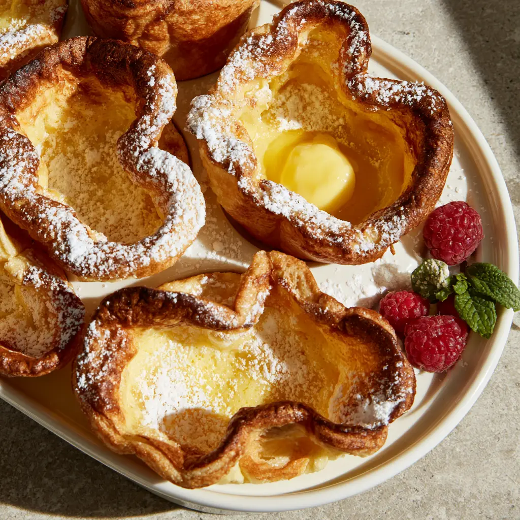 Mini German Pancakes: The Ultimate Fluffy Muffin Tin Dutch Babies 2 High-angle shot of golden Mini German pancakes in a white ceramic muffin tin with raspberries and melting butter.