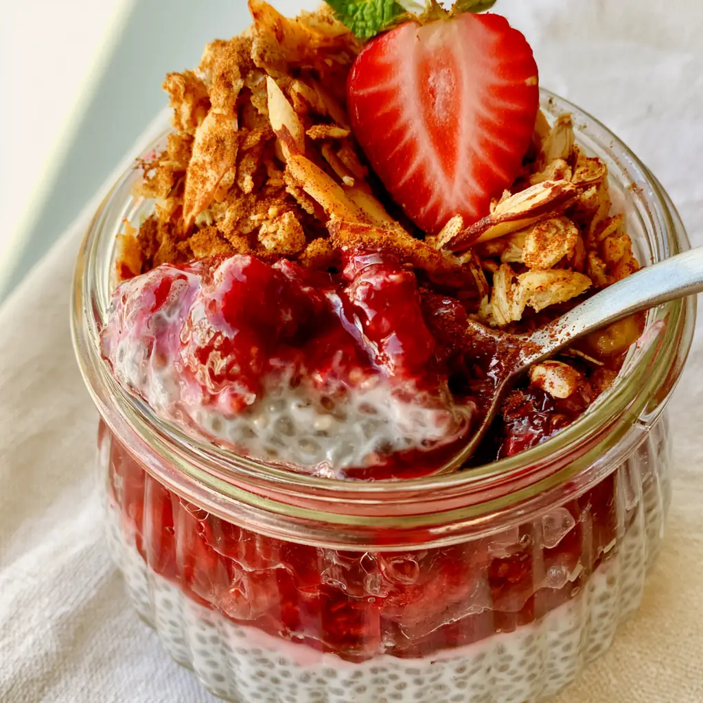 A top-down view of toasted oat crumble, slivered almonds, and fresh strawberries on a chia pudding jar.