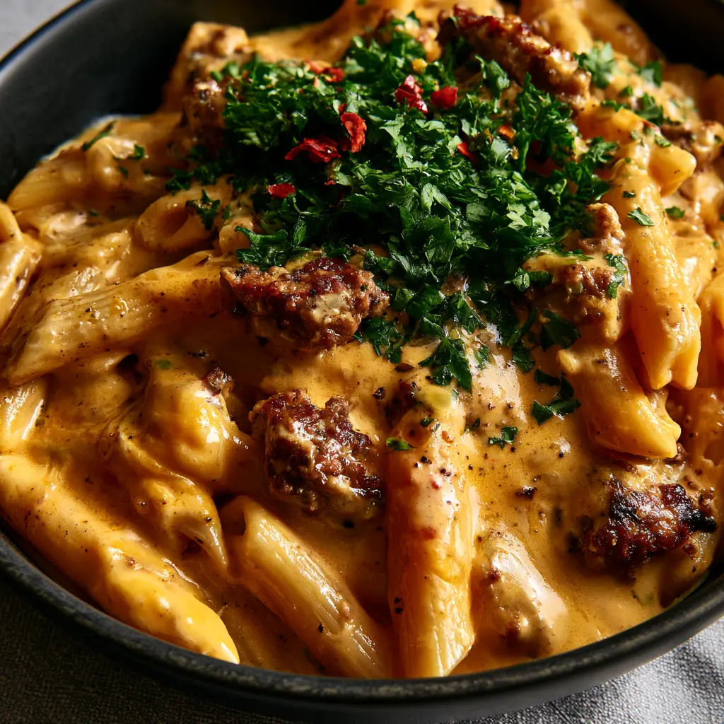 Creamy Beef Pasta with Glowing Sharp Cheddar Sauce 1 Creamy Beef Pasta with visible chunks of seared ground beef and emerald green parsley in a matte black ceramic bowl.