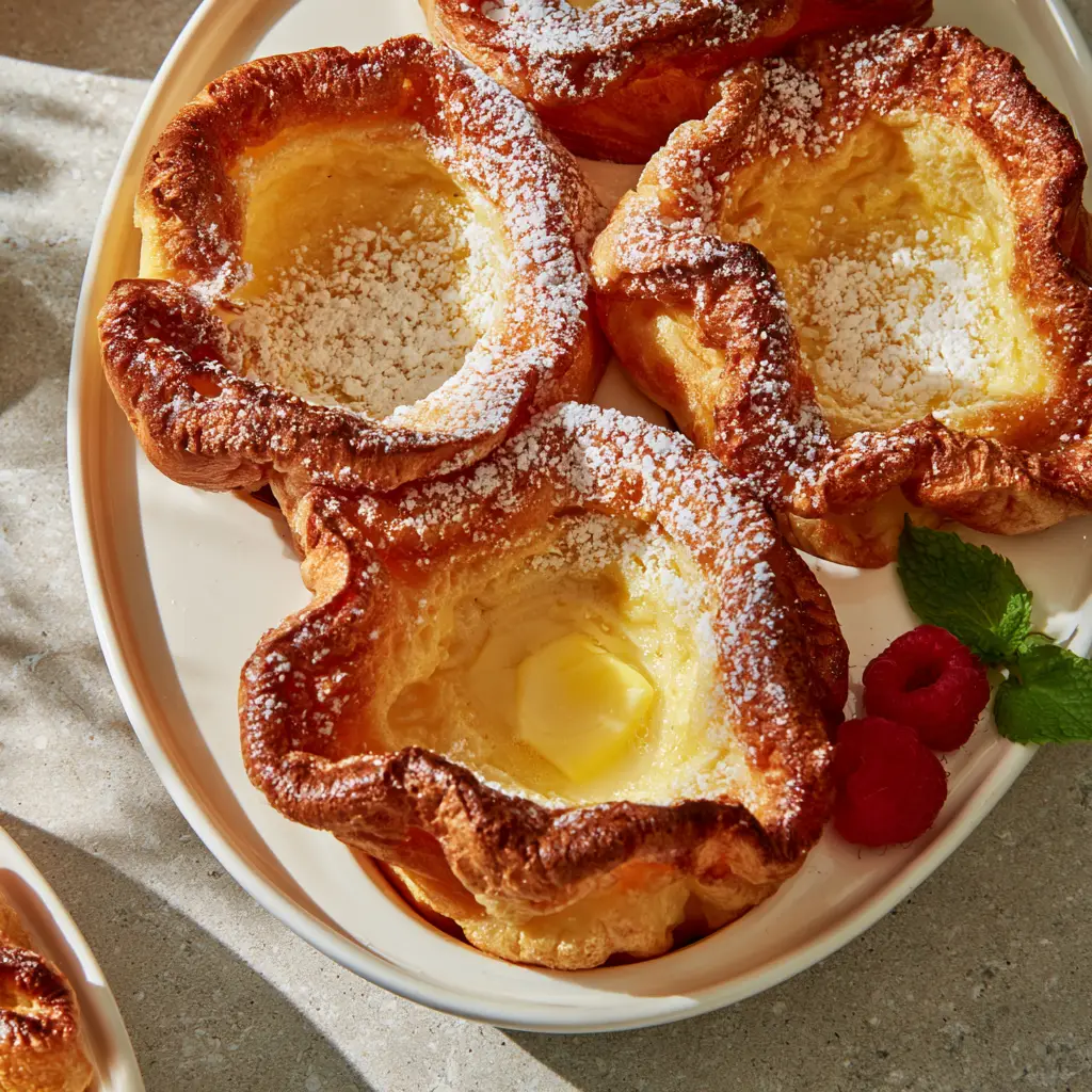 Mini German Pancakes: The Ultimate Fluffy Muffin Tin Dutch Babies 1 Close up of Mini German pancakes on a light gray stone surface with powdered sugar and mint.