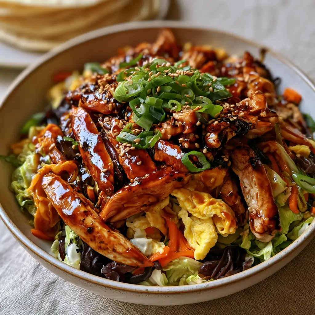 Moo Shu Chicken served in a shallow bowl featuring julienned carrots, wood ear mushrooms, and sesame seeds.