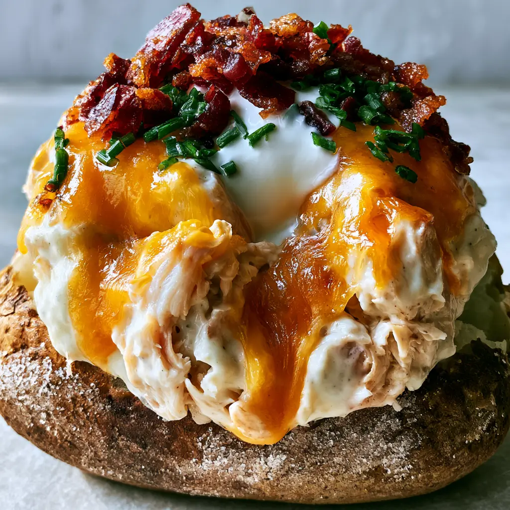 Close-up of bubbling melted sharp orange cheddar cheese and jagged dark red bacon pieces on a potato. (Crack Chicken Stuffed Baked Potatoes)