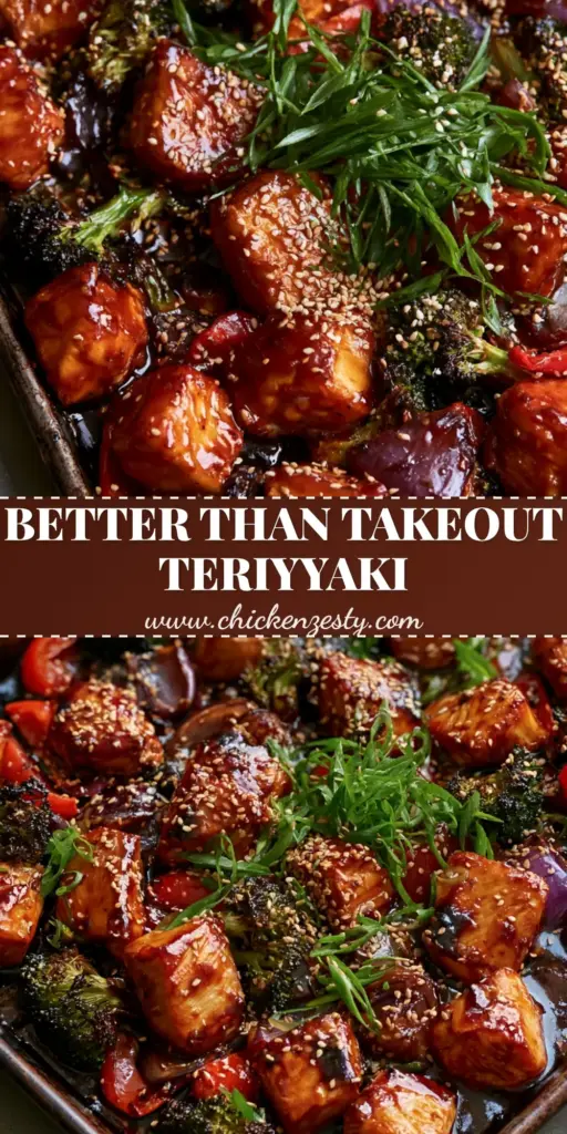 A rustic dark metal sheet pan filled with glossy Teriyaki Chicken cubes, charred broccoli, and red peppers, garnished with sesame seeds and scallions.