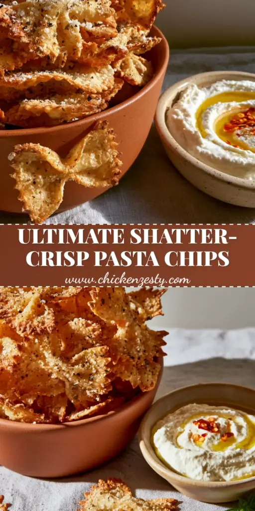 A handheld smartphone photo of a heap of golden-brown air-fried pasta chips in a terracotta bowl next to whipped feta dip.