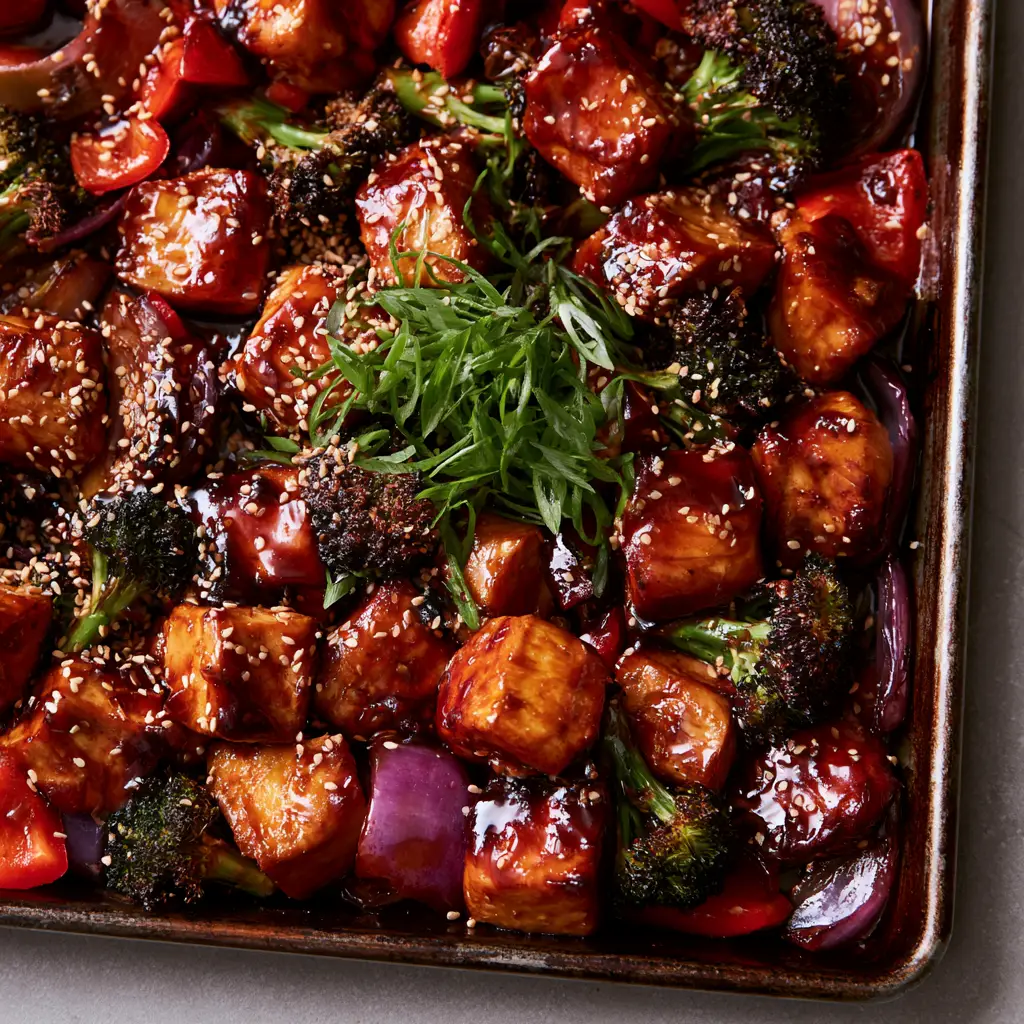 A top-down view of the rustic metal sheet pan featuring Teriyaki Chicken, charred broccoli florets, and softened purple onions.