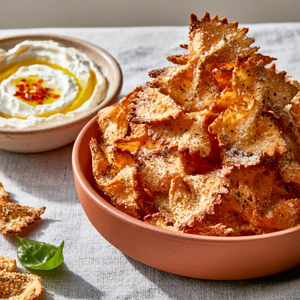 A shallow ramekin of whipped feta dip with a precise olive oil swirl and red chili flakes alongside pasta chips.