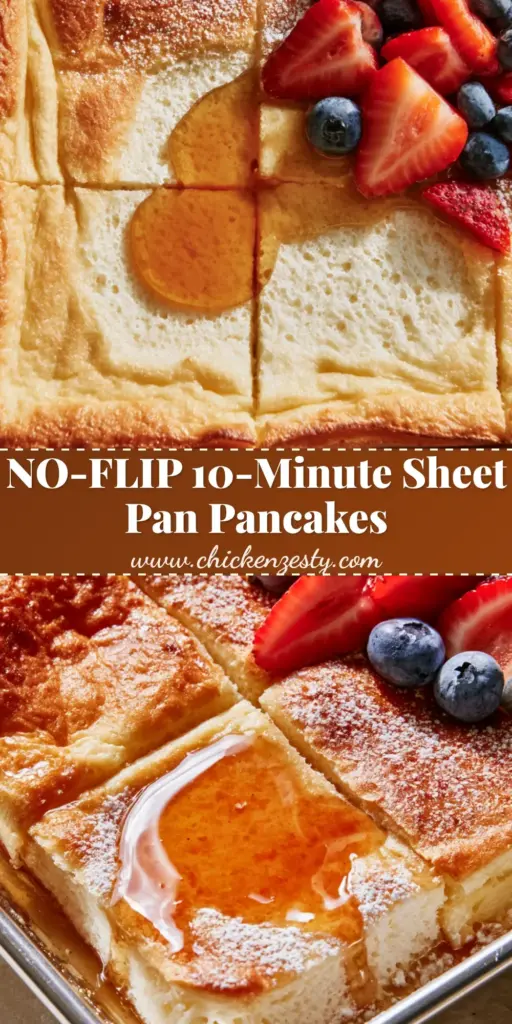 A silver baking sheet with sliced sheet pan pancakes topped with strawberries, blueberries, and maple syrup. (Pancakes)