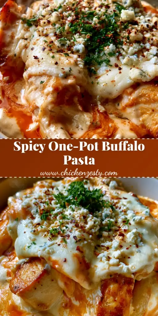 A top-down view of Buffalo Chicken Alfredo Pasta in a bowl featuring melted mozzarella and orange buffalo sauce swirls.