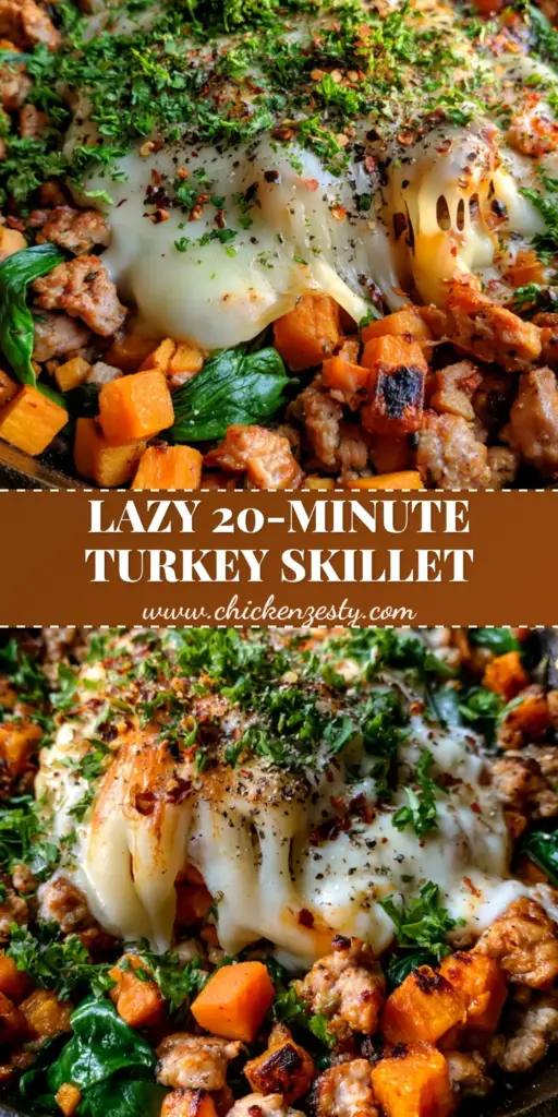 A rustic black cast iron skillet containing a ground turkey skillet hash with orange sweet potato cubes, wilted spinach, and a center of melted bubbly mozzarella cheese garnished with parsley and red pepper flakes.