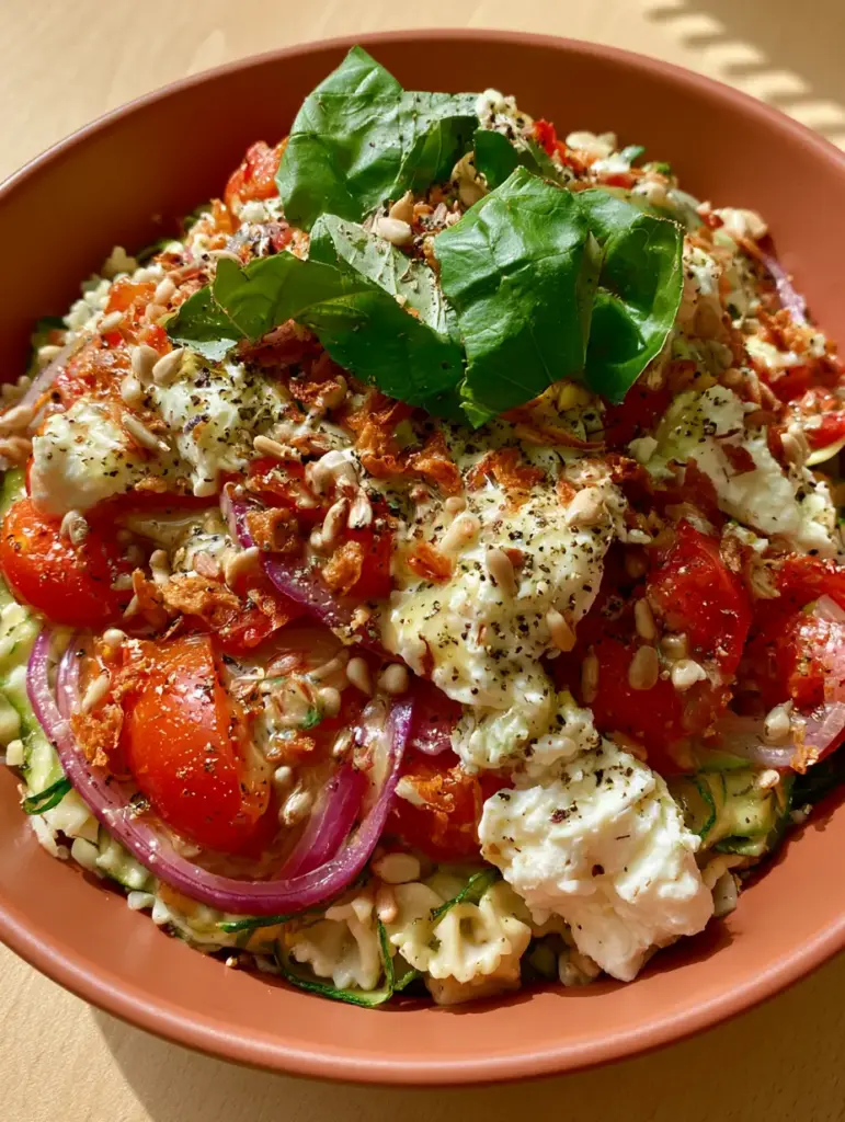 Summer Dinner Recipes: Mediterranean Zucchini Ribbon and Chilled Farfalle Bowl 2 Vibrant chilled Mediterranean pasta bowl with shaved zucchini and feta cheese in a terracotta bowl. (summer dinner recipes)