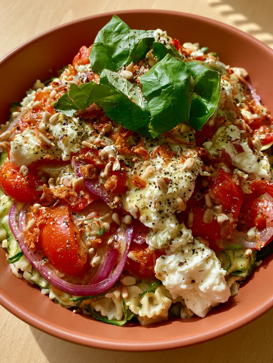 Summer Dinner Recipes: Mediterranean Zucchini Ribbon and Chilled Farfalle Bowl 3 Vibrant chilled Mediterranean pasta bowl with shaved zucchini and feta cheese in a terracotta bowl. (summer dinner recipes)