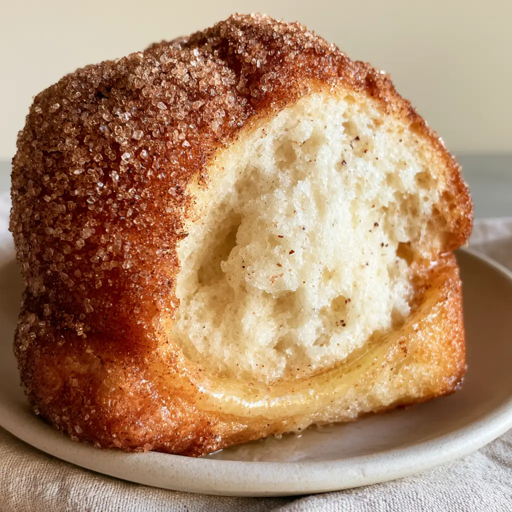 Close-up of a French breakfast puff muffin showing the glistening golden ring of melted butter and coarse sugar crystals.