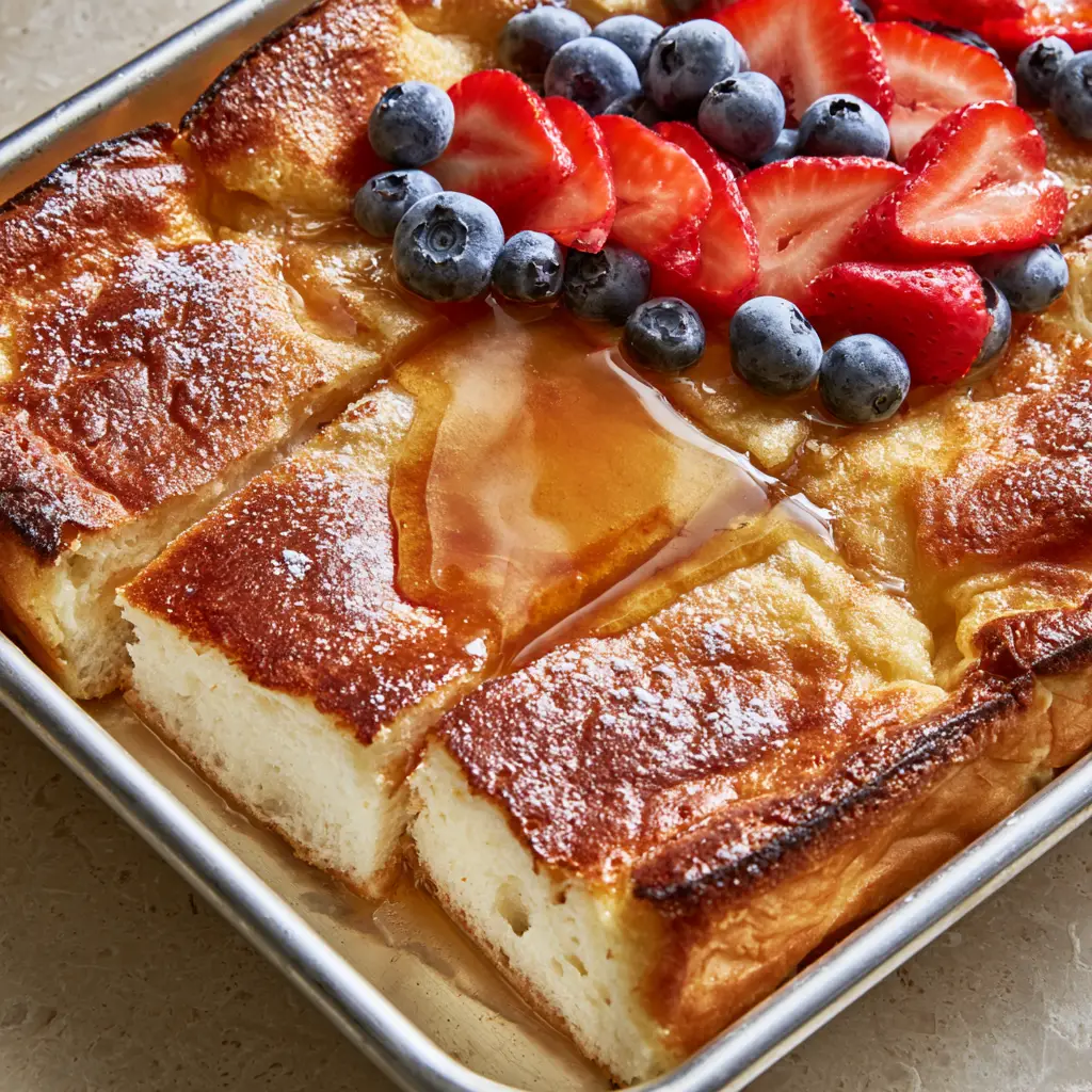 Close up of sheet pan pancake showing the airy white crumb and syrup drizzle.
