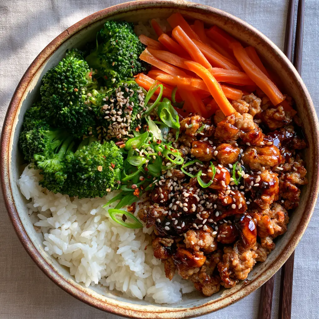 Top down view of ground turkey teriyaki rice bowls with sesame seeds and scallion garnish.
