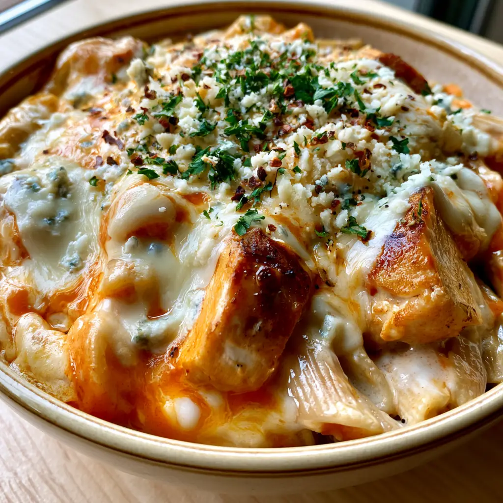 A handheld smartphone photo showing the glossy texture and blue cheese crumbles on Buffalo Chicken Alfredo Pasta.