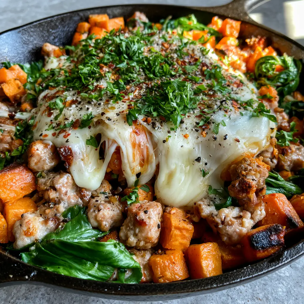 Close-up of melted mozzarella cheese pull in a ground turkey skillet with spinach and sweet potatoes.