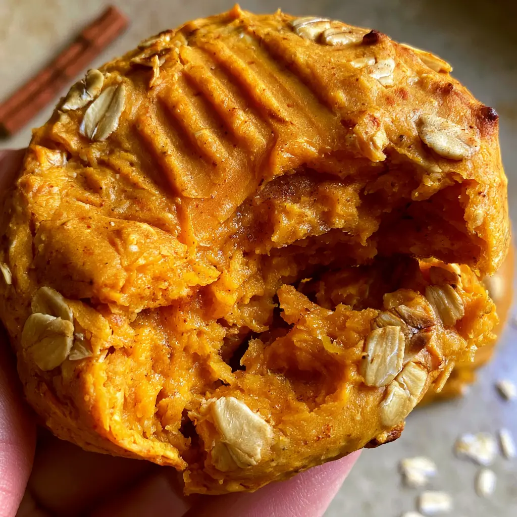 A top-down view of matte-textured sweet potato cookies with plump oats and visible cinnamon flecks on a kitchen counter.