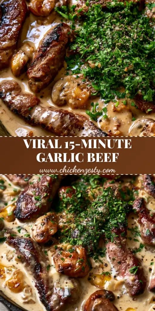 A rustic black cast iron skillet filled with succulent seared beef strips, golden cremini mushrooms, and a thick garlic cream sauce topped with parsley. (Creamy Meat Dish)