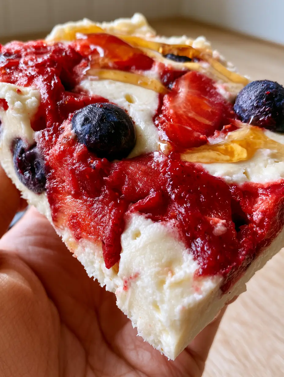 Frozen Yogurt Bark with Fresh Berries and Golden Honey Drizzle 3 Thick slice of frozen yogurt bark showing creamy cross-section and embedded fruit. (frozen yogurt bark)