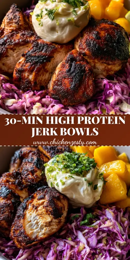 A top-down view of Jerk Chicken & Mango Slaw Bowls featuring charred chicken breast chunks, purple cabbage slaw, golden mango cubes, and ivory honey lime cream.