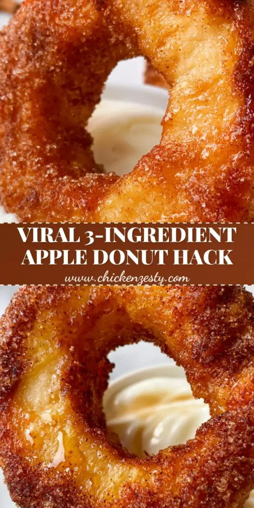 A handheld Air Fryer Cinnamon Apple Ring being dipped into creamy white Greek yogurt, showcasing a thick sugar crust and caramelized edges.