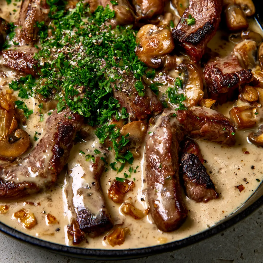 Close-up of golden-brown cremini mushrooms and thick garlic cream sauce in a cast iron skillet.