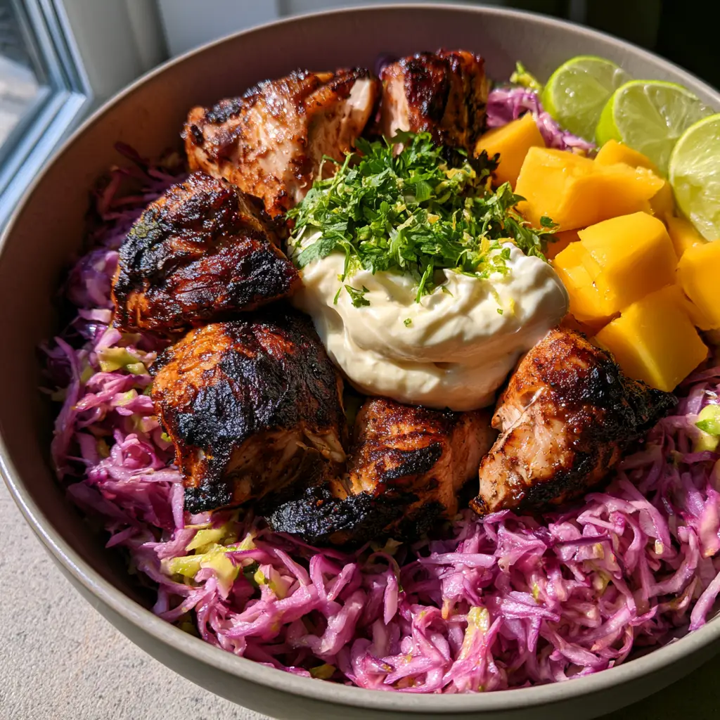 A high-angle photo showing the dense bed of purple cabbage and bright golden-yellow mango cubes in Jerk Chicken & Mango Slaw Bowls.