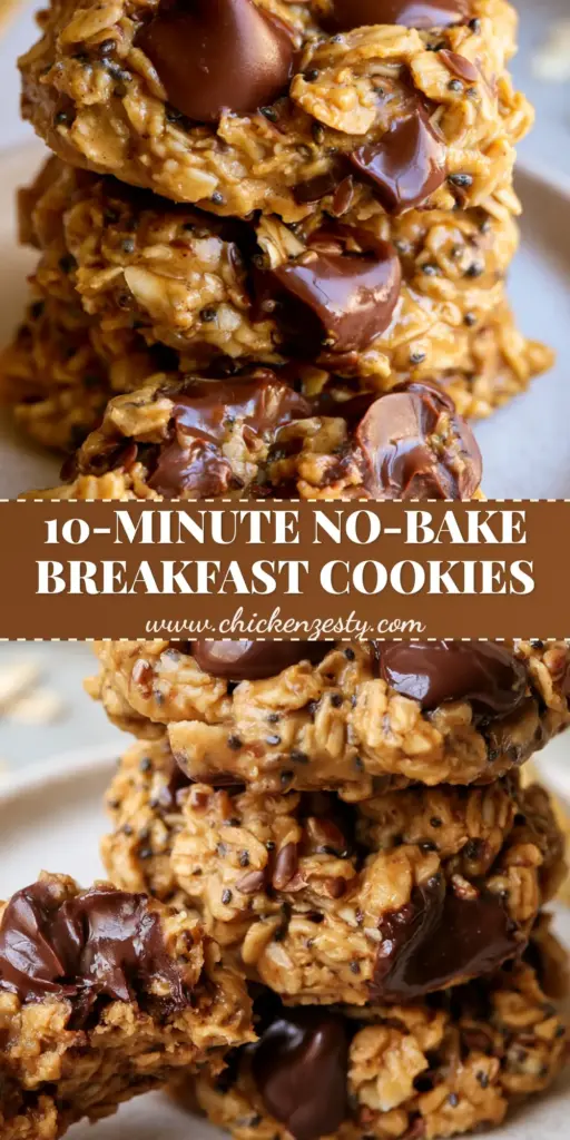 A stack of three thick-cut oat breakfast cookies with visible dark chocolate chunks and chia seeds on a white plate. (breakfast cookies)