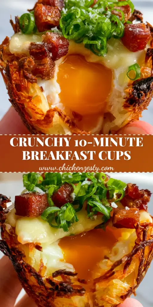 A close-up shot of golden-brown hash brown egg cups garnished with bacon, white cheddar, and scallions on a white marble surface. (hash brown egg cups)
