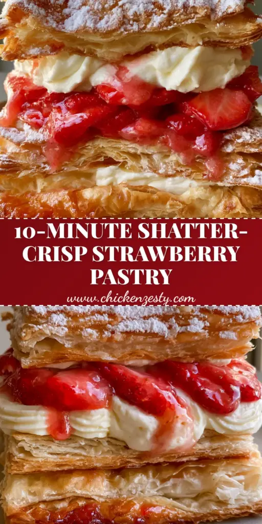 A towering Strawberry Flaky Puff Pastry with visible buttery layers, thick piped vanilla cream, and glistening strawberries on a ceramic plate.
