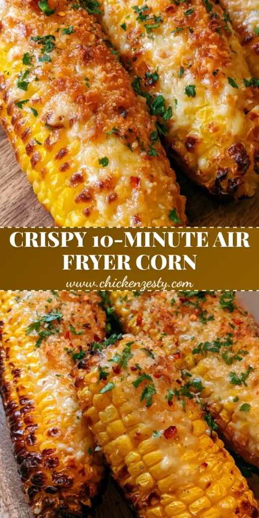 Garlic Parmesan Corn on the Cob: The Ultimate Air Fryer Recipe 4 Three ears of air-fried Garlic Parmesan Corn on the Cob with charred edges, melted garlic butter, and a thick cheese crust on a wooden board.