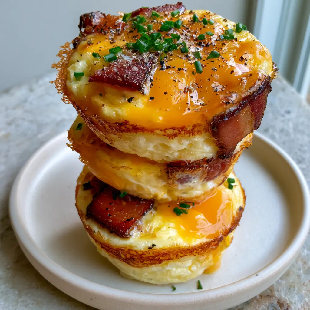 Bacon Cheddar Breakfast Muffins: The Ultimate Fluffy Egg Recipe 1 A smartphone photo of three bacon cheddar breakfast muffins on a minimalist plate in soft morning light.