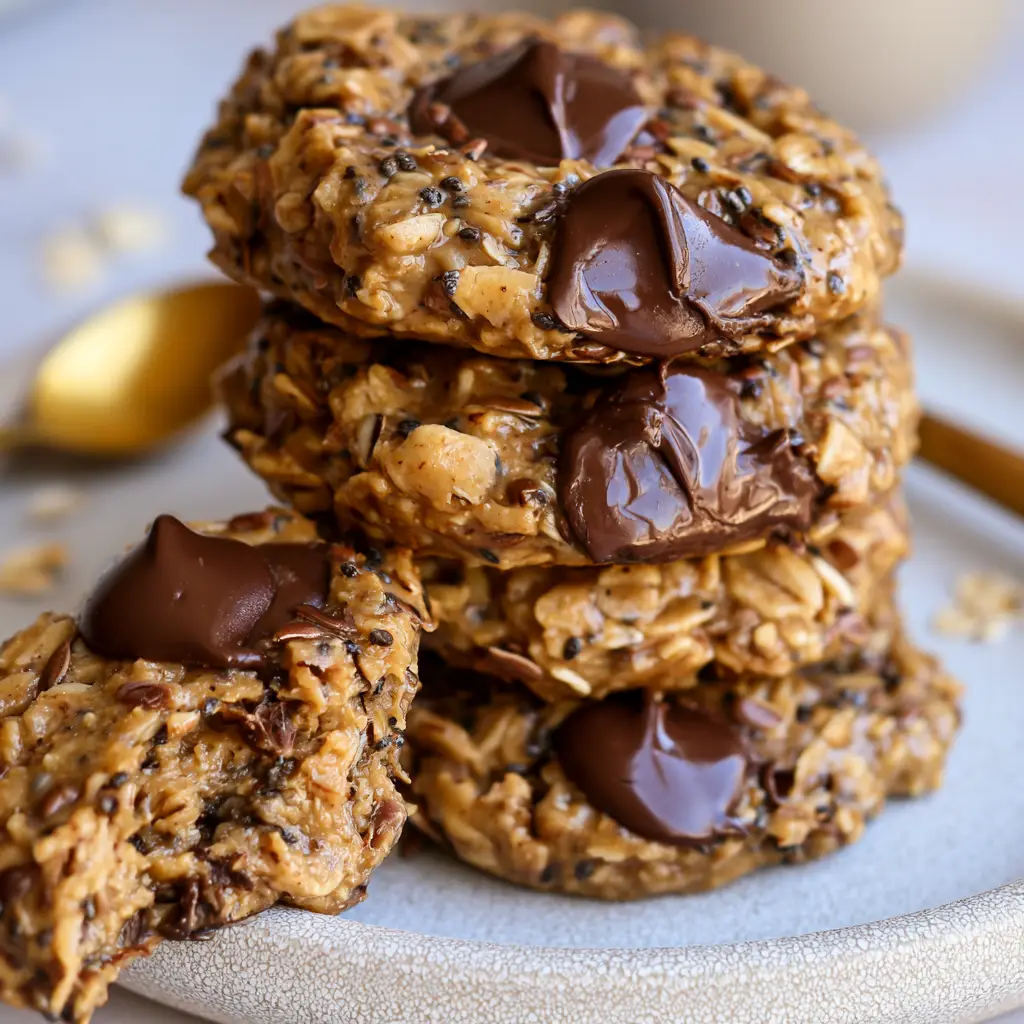 A broken breakfast cookie revealing a soft, fudgy interior with melted dark chocolate chips and black chia seeds.
